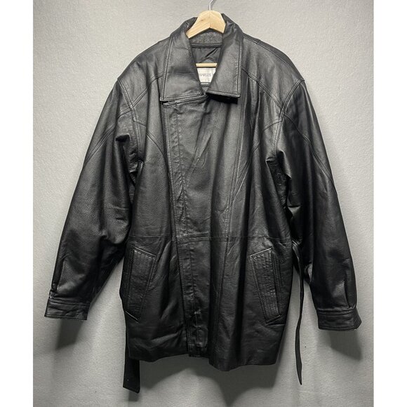 Vtg Charles Klein Black Genuine Leather Jacket Unique Seam Design Belted Waist - Picture 1 of 9